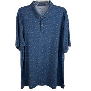 Peter Millar Seaside XL Mens Blue Beach Scene Print‎ Short Sleeve Polo Shirt